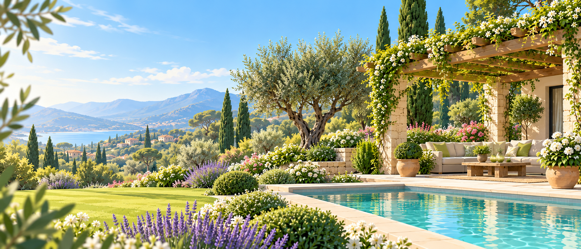 Illustration d'un jardin méditerranéen avec terrasse, végétation et piscine
